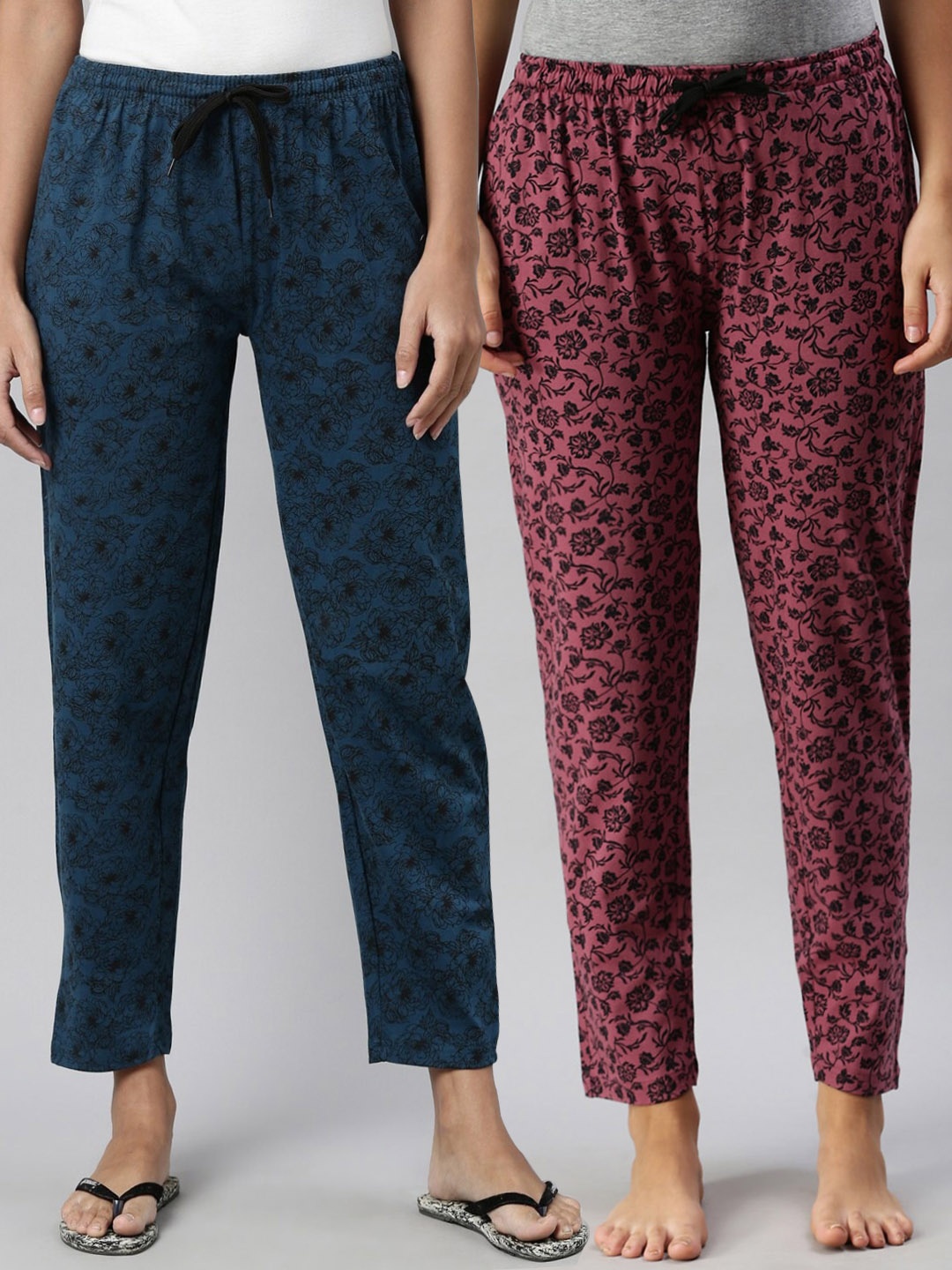 

Kryptic Women Pack Of 2 Printed Pure Cotton Lounge Pants, Maroon