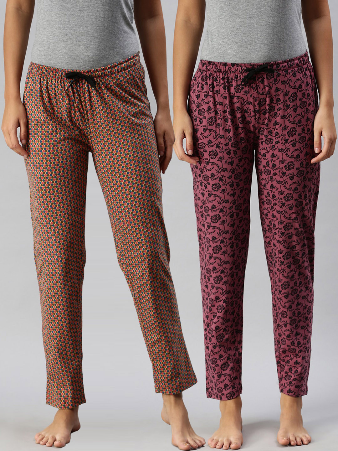 

Kryptic Women Pack Of 2 Printed Pure Cotton Lounge Pants, Maroon