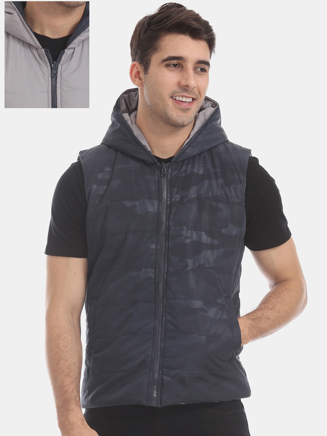 

Cherokee Men Blue & Grey Hooded Reversible Jacket