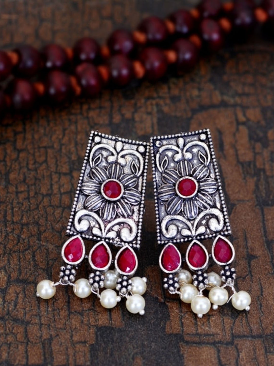 

Indi INSIDE Red Stone Studded & Beaded Oxidised Contemporary Drop Earrings