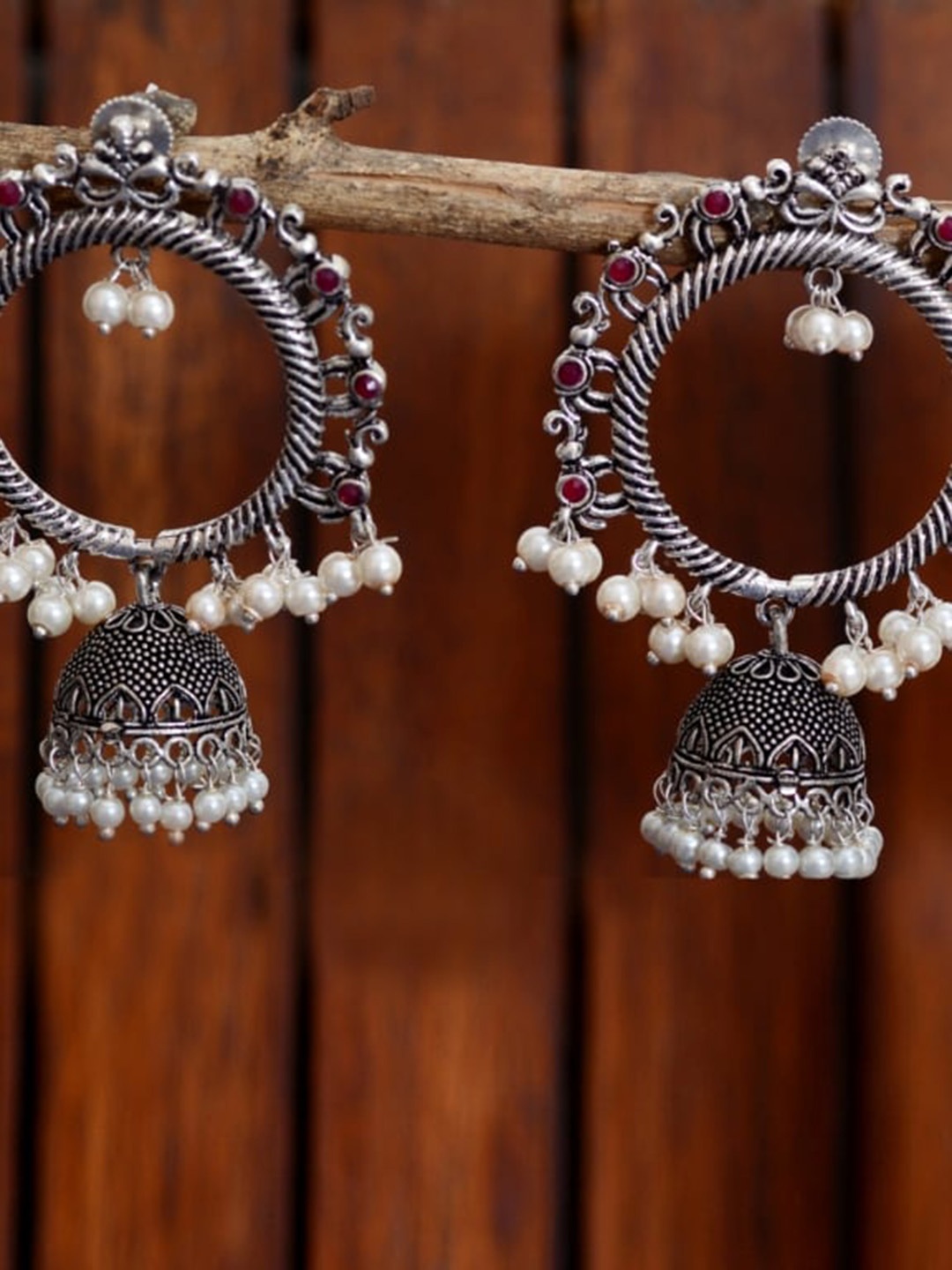 

Indi INSIDE Silver-Toned & White Contemporary Jhumkas Earrings