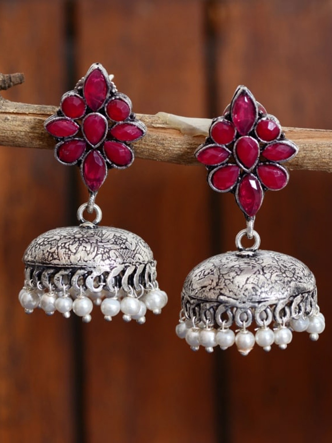 

Indi INSIDE Red Stone Studded Contemporary Jhumkas Earrings