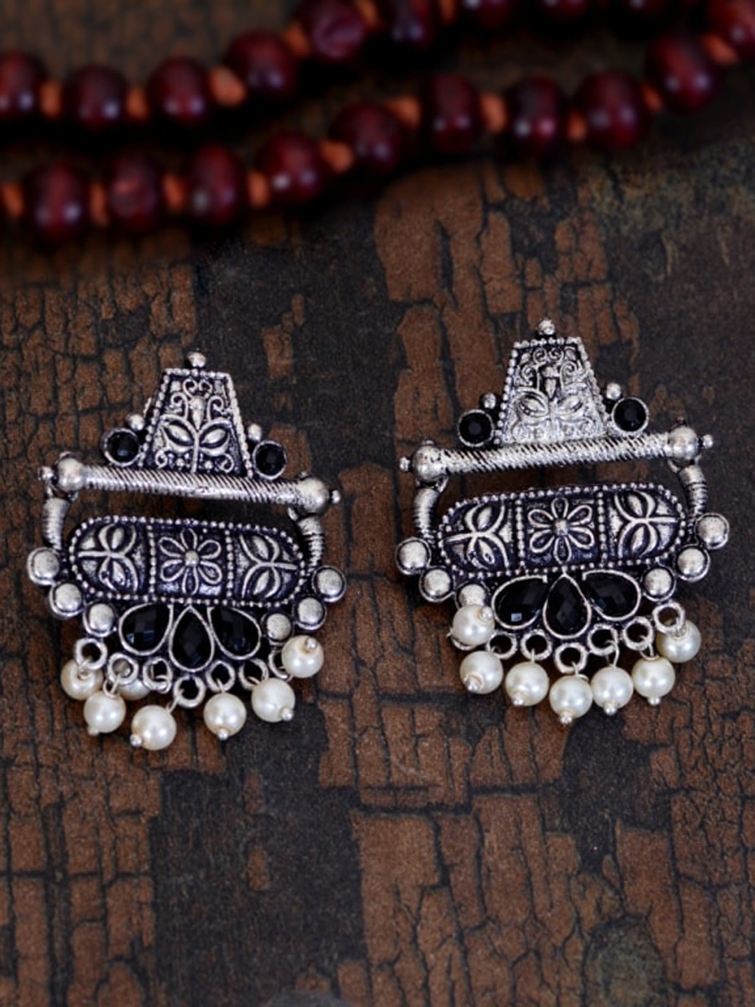 

Indi INSIDE Black Siliver-Plated Oxidised Contemporary Drop Earrings