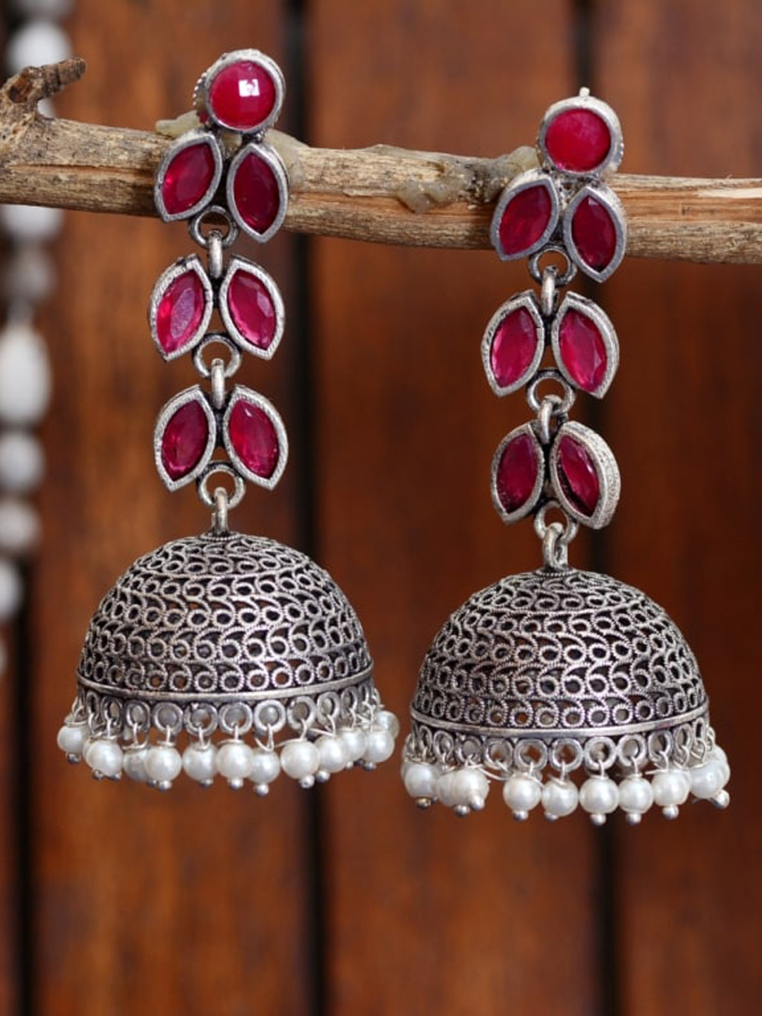 

Indi INSIDE Silver-Plated & Purple Oxidised Dome Shaped Jhumkas Earrings