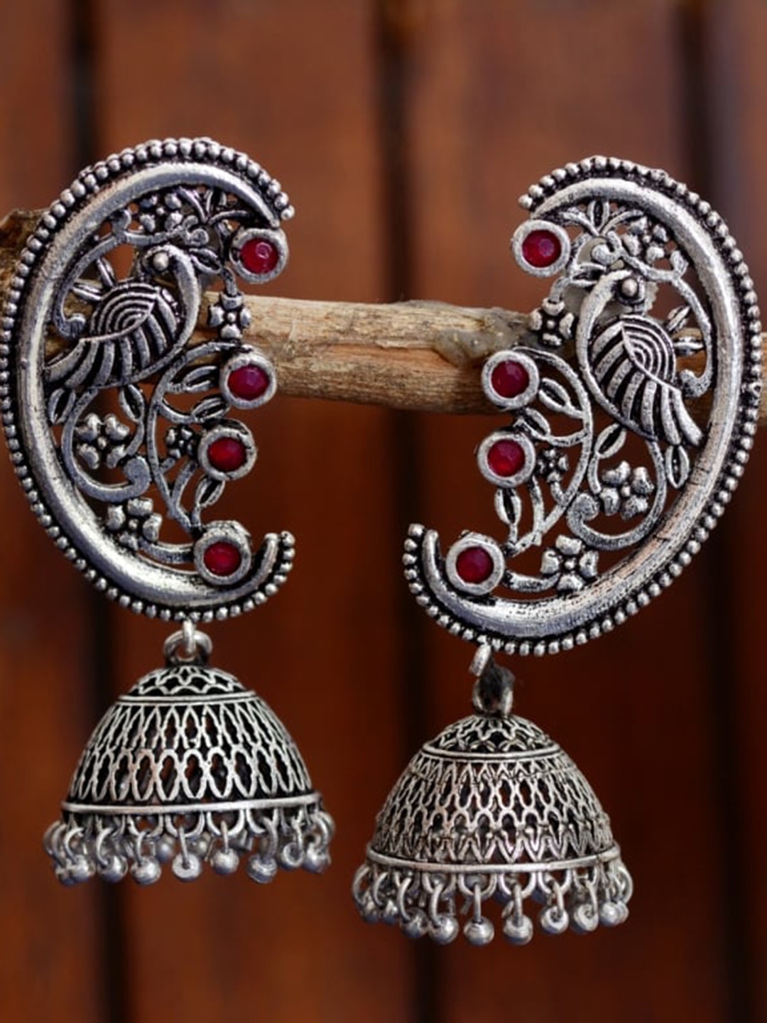 

Indi INSIDE Woman Silver Oxidised Red Contemporary Jhumkas Earrings