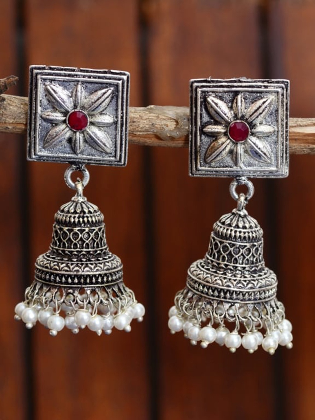 

Indi INSIDE Silver-Toned & Red Contemporary Oxidised Jhumkas Earrings