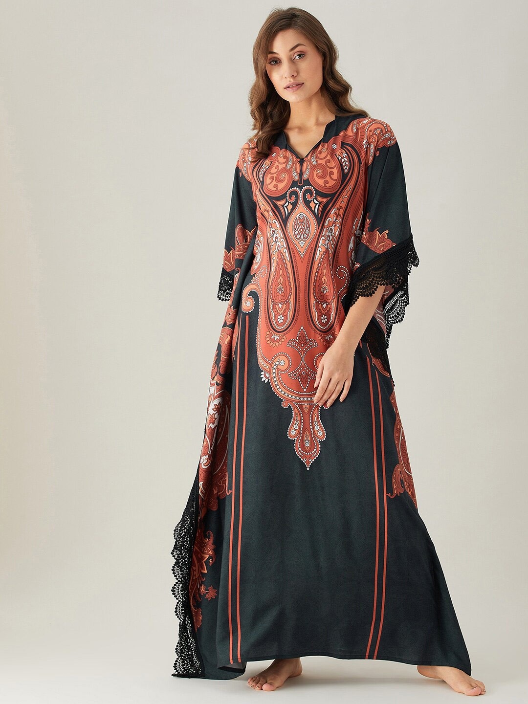 

The Kaftan Company Black Printed Maxi Paisley Patterned Loungewear Kaftan Nightdress