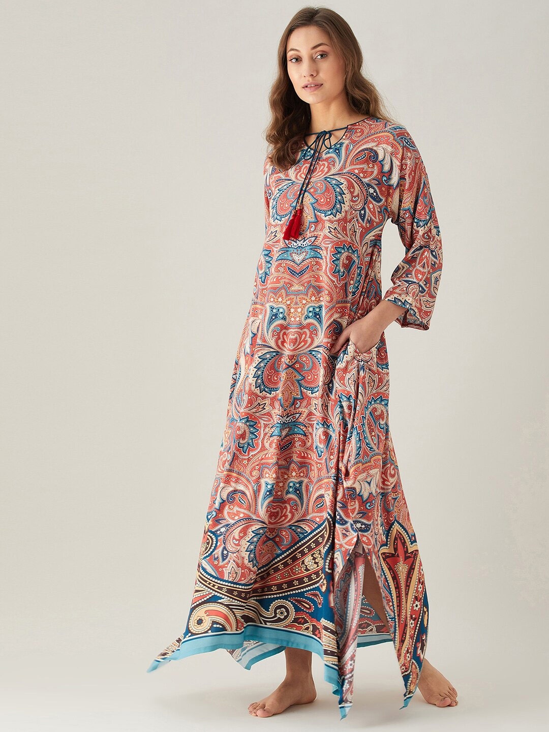 

The Kaftan Company Red Printed Maxi Nightdress