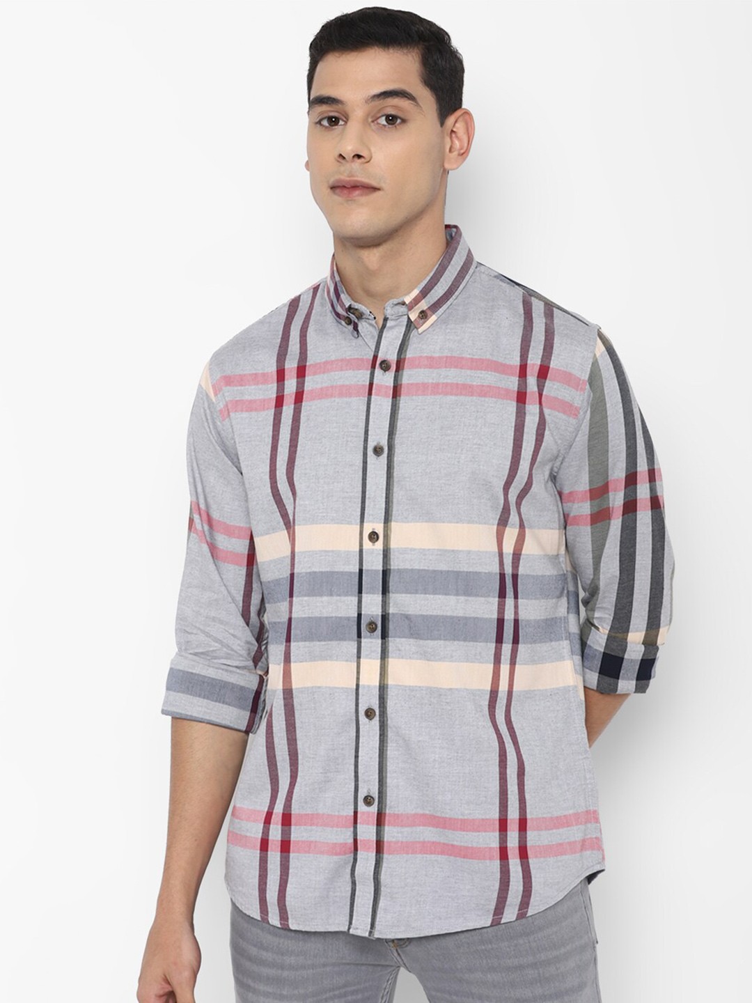 

FOREVER 21 Men Grey Slim Fit Opaque Checked Pure Cotton Casual Shirt