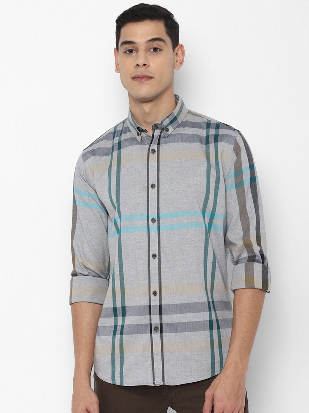 

FOREVER 21 Men Grey Slim Fit Opaque Checked Pure Cotton Casual Shirt