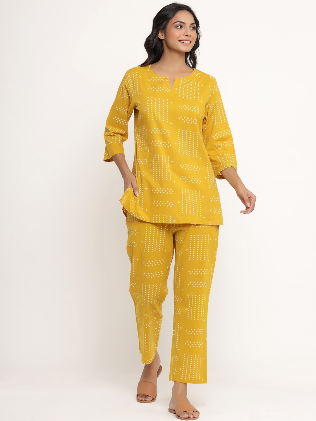 

JISORA Women Mustard Polka Dots Cotton Loungewear Set