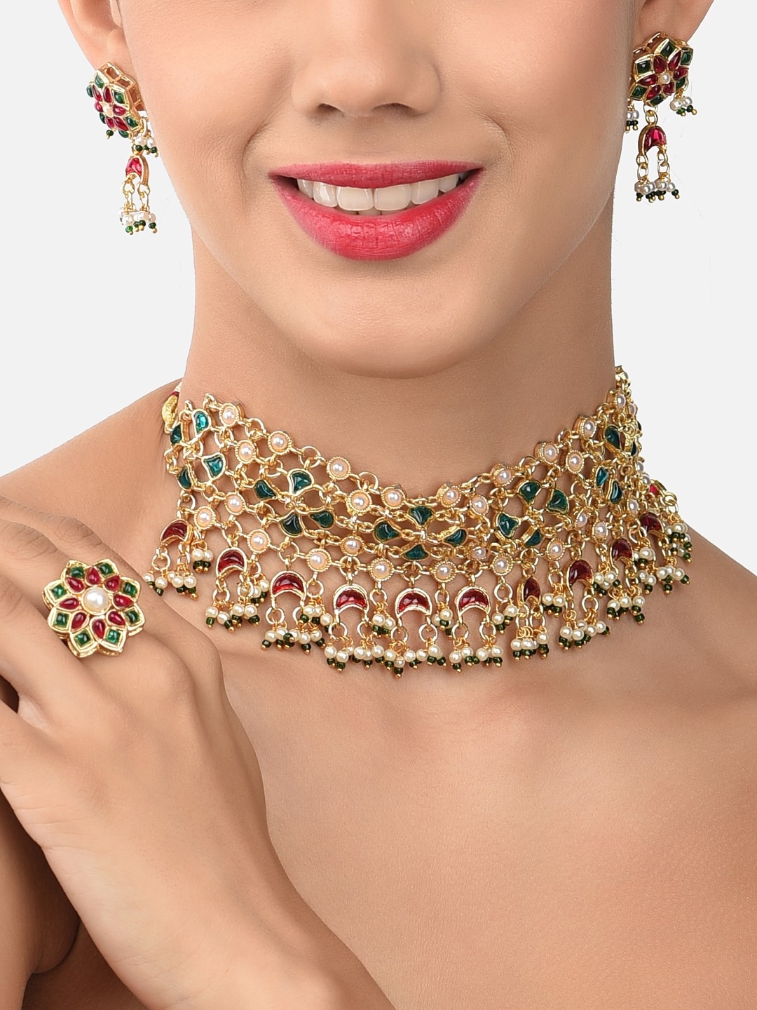 

Zaveri Pearls Green & Pink Kundan Embellished Jewellery Set