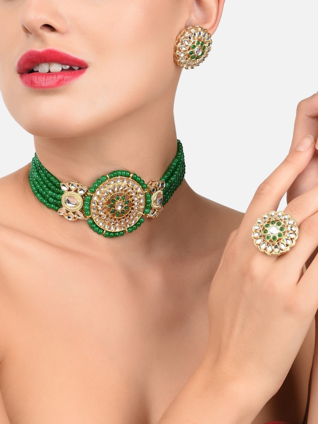 

Zaveri Pearls Green Multistrand Beaded Kundan Jewellery Set - ZPFK11479