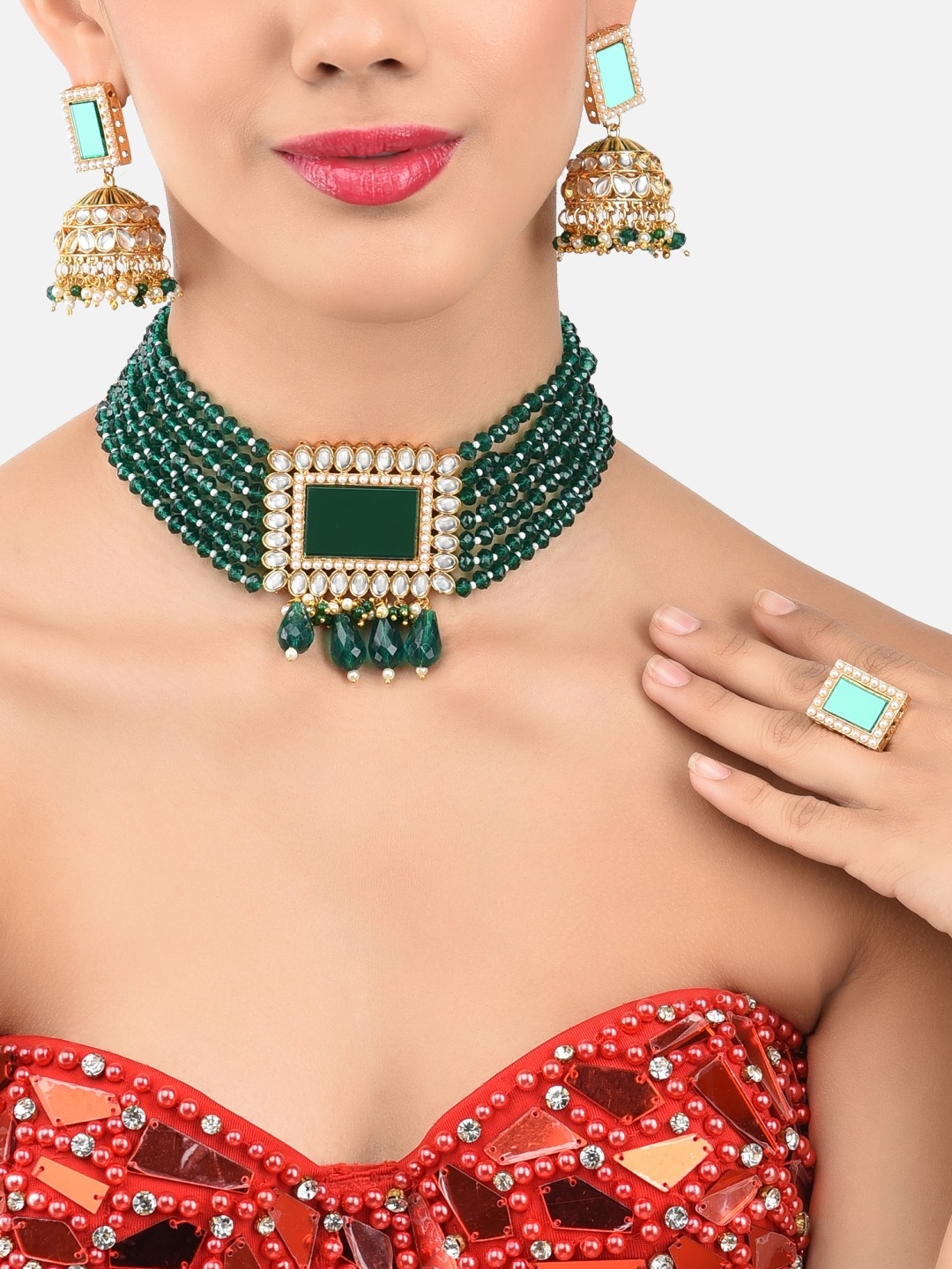 

Zaveri Pearls Green Multistrand Kundan Choker Necklace Set