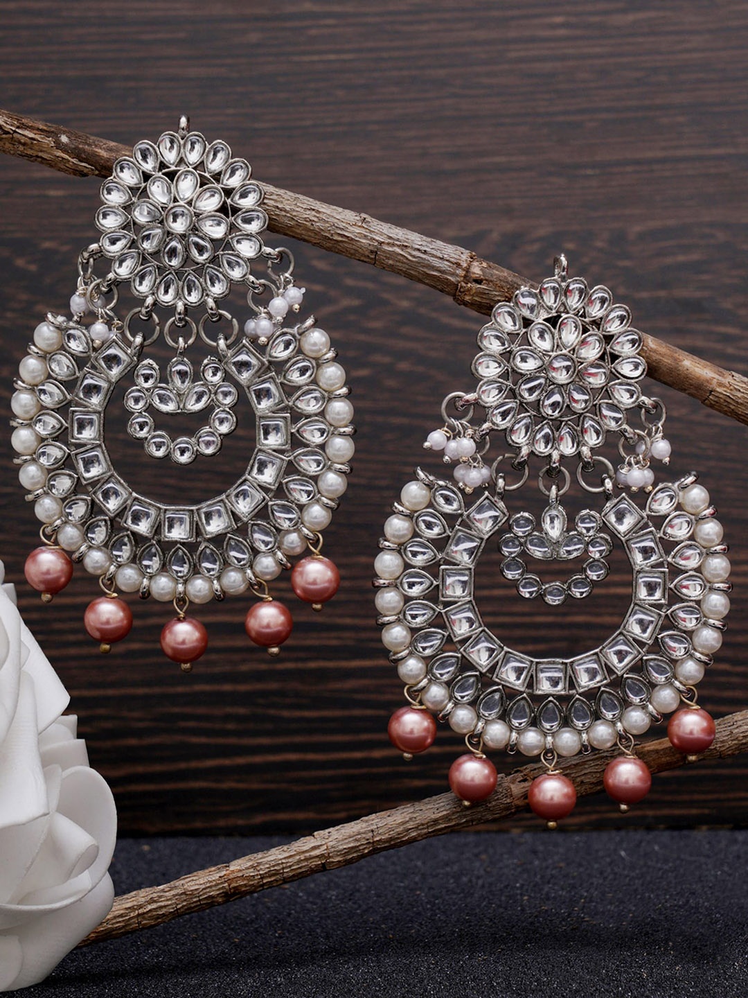 

KARATCART Silver-Toned & Rose Gold Toned Kundan Studded Classic Chandbalis Earrings