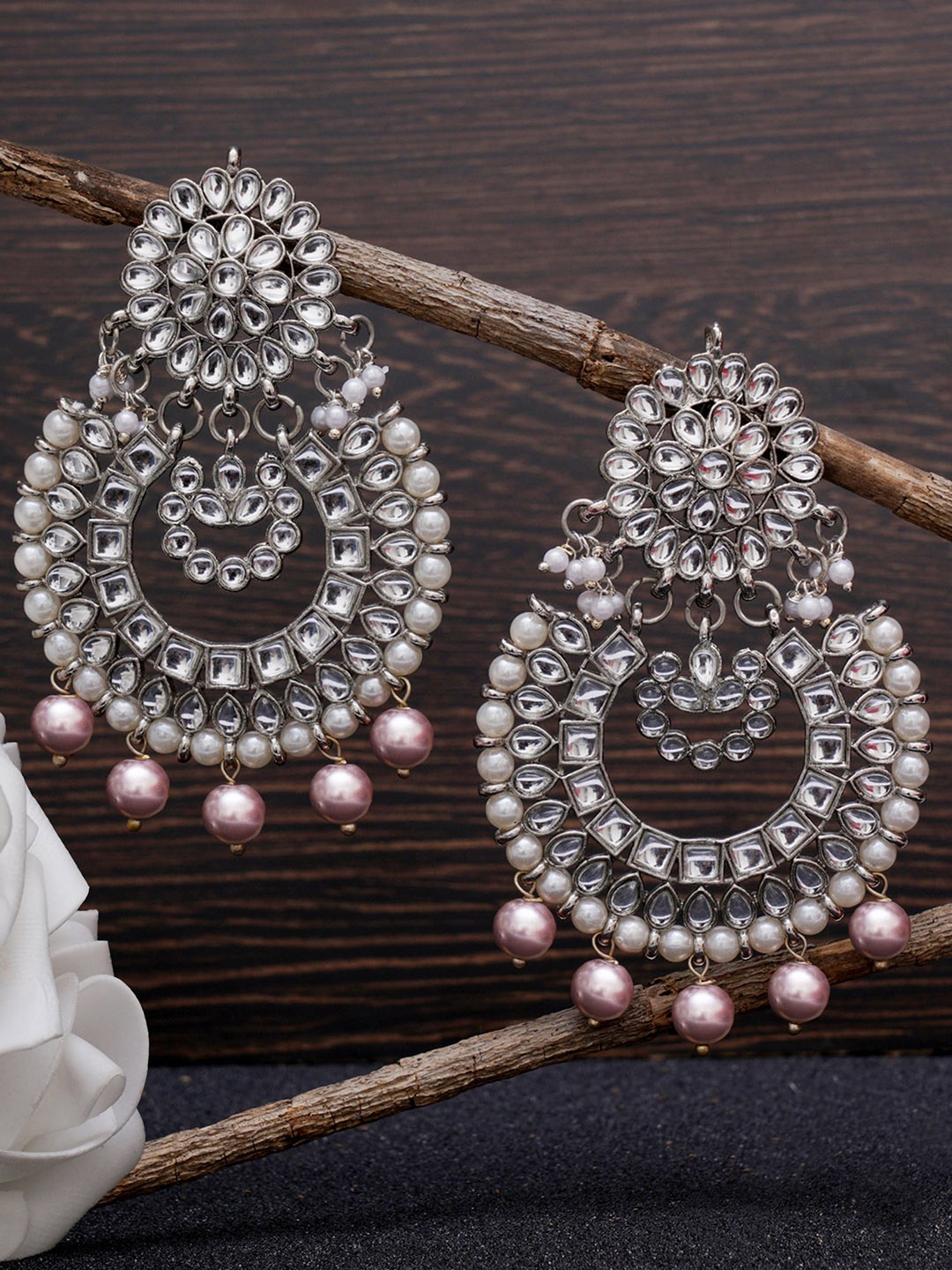 

KARATCART Silver-Toned Stone Studded Oxidised Chandbalis Earrings