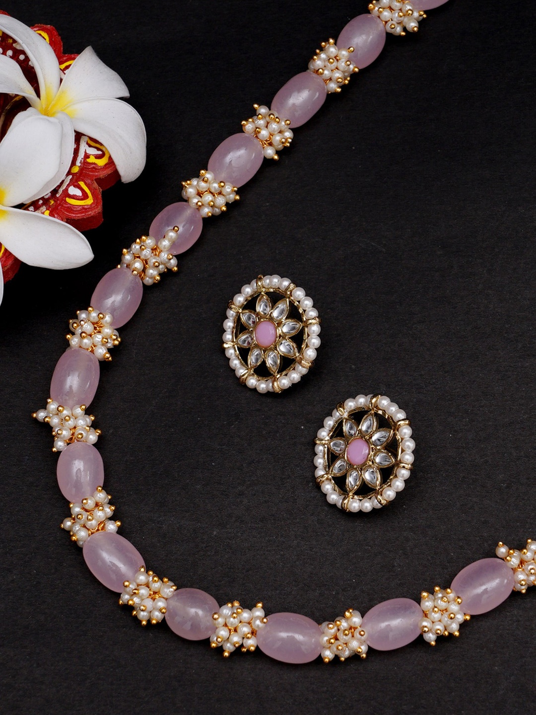 

KARATCART Gold-Plated & Pink Kundan-Studded Rani Haar Jewellery Set