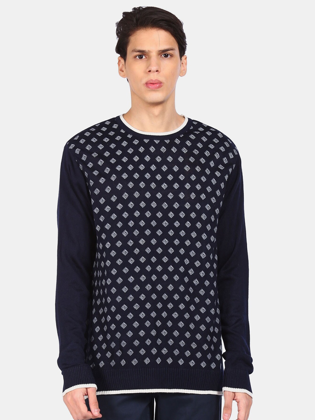 

Ruggers Men Navy Blue & White Printed Acrylic Sweater