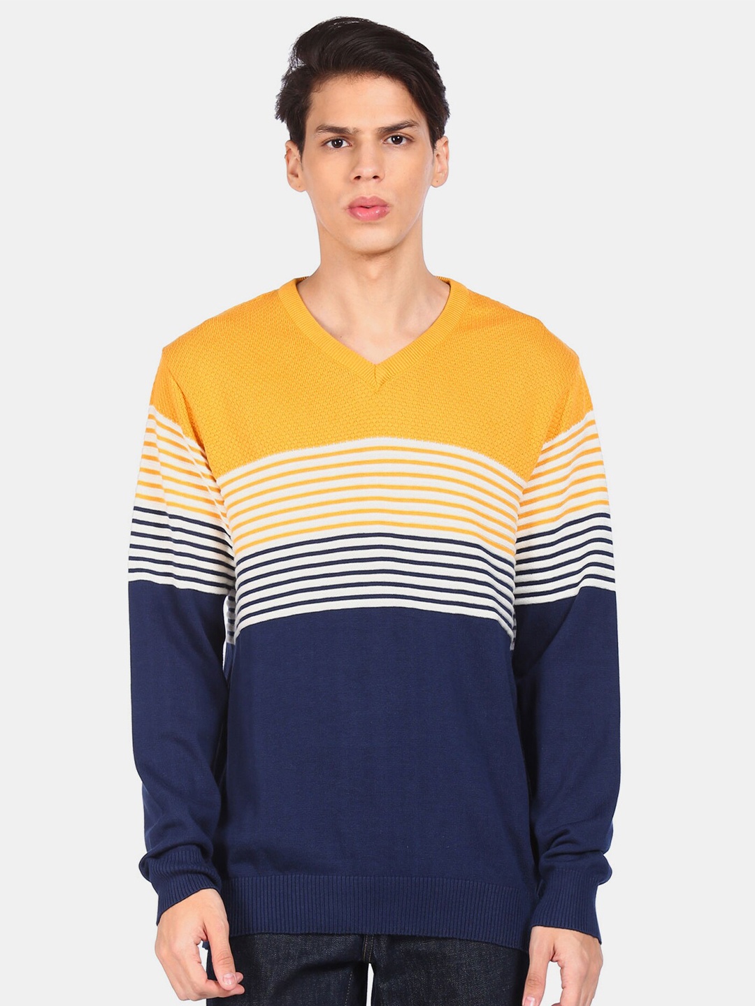 

Ruggers Men Yellow & Navy Blue Colourblocked Pure Cotton Pullover Sweater