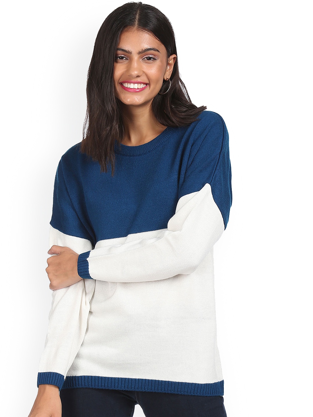 

Sugr Women Teal & White Colour Blocked Sweater, Blue
