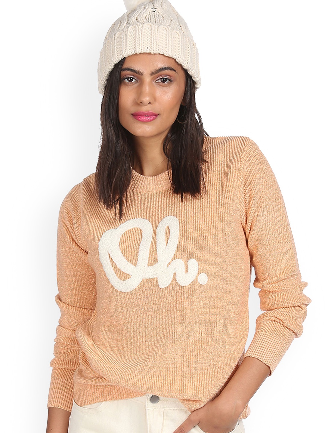 

Sugr Women Peach Round Neck Ribbed Sweater
