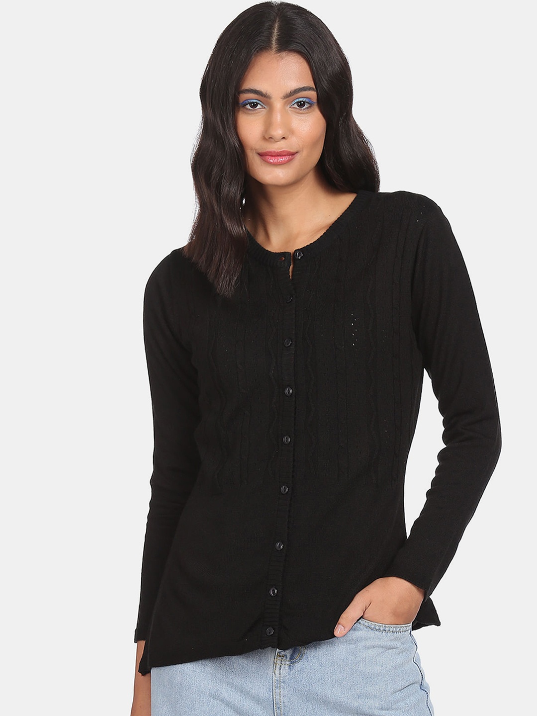 

Sugr Women Black Ribbed Hem Solid Cardigan