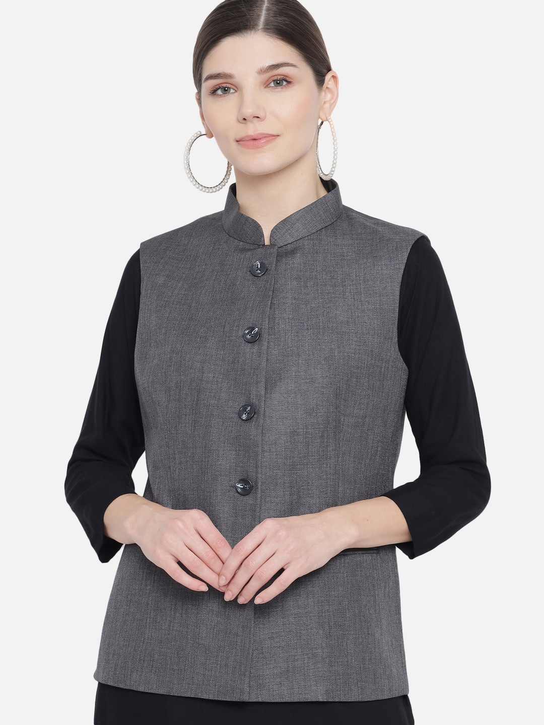 

Vastraa Fusion Women Charcoal Grey Woven-Design Nehru Jacket
