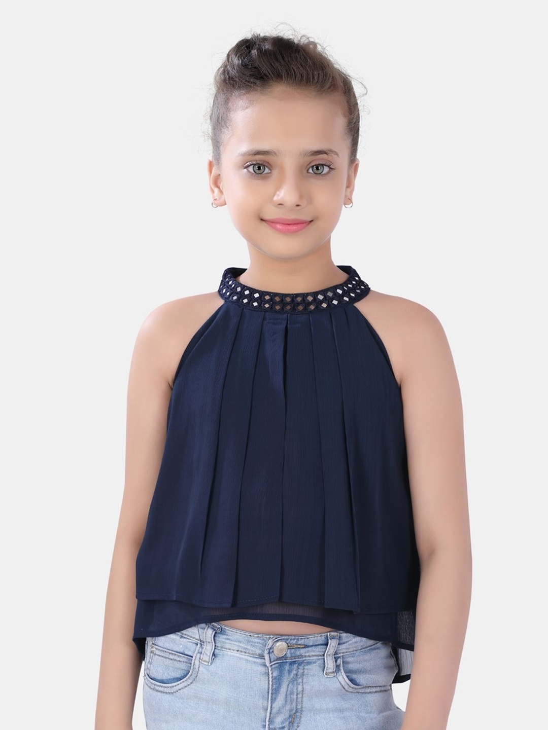 

POPLINS Girls Navy Blue Pleated A-Line Top