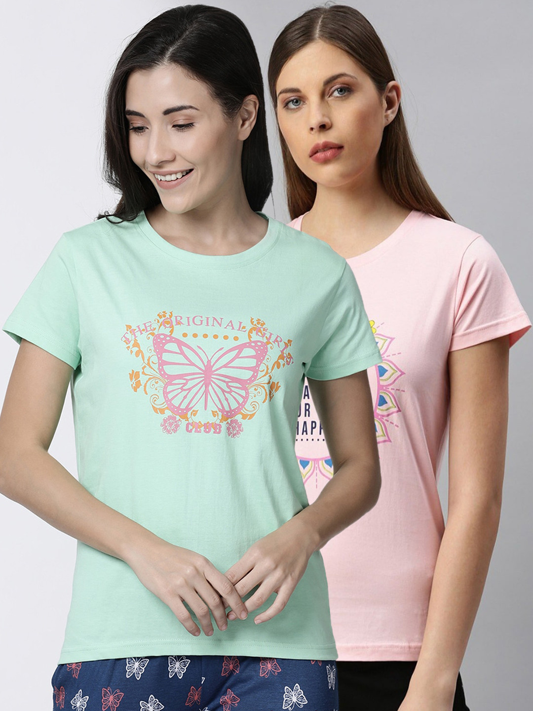 

Kryptic Women Pack Of 2 Green & Pink Printed Lounge T Shirt