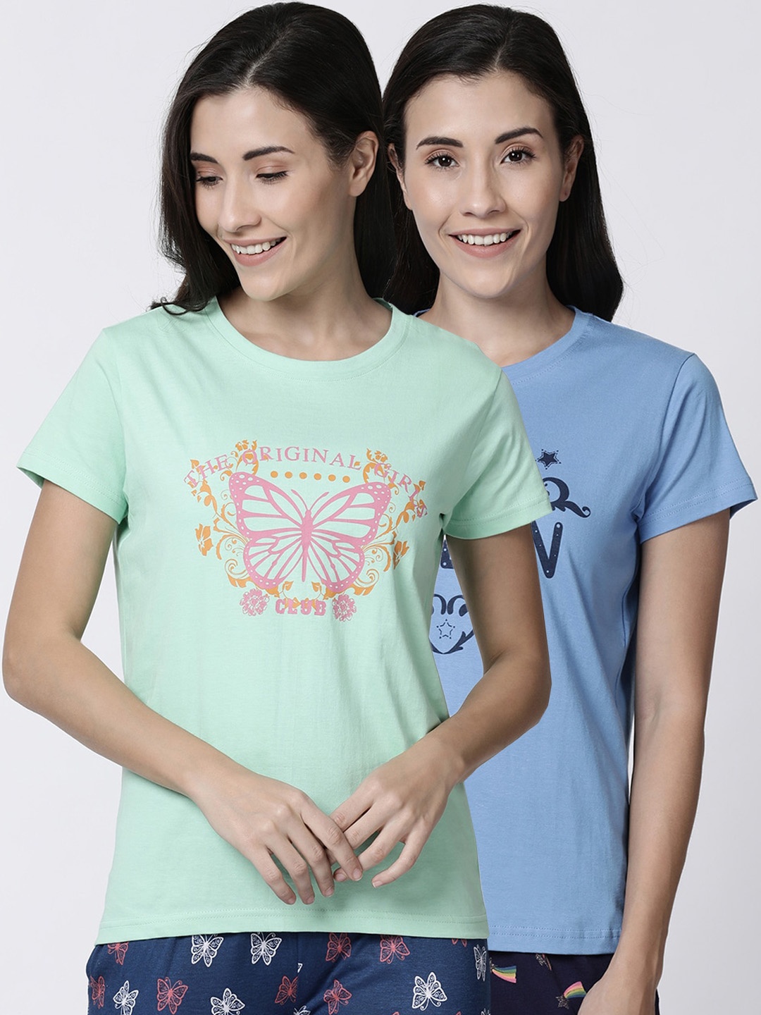 

Kryptic Women Pack Of 2 Printed Pure Cotton Lounge T-Shirts, Green