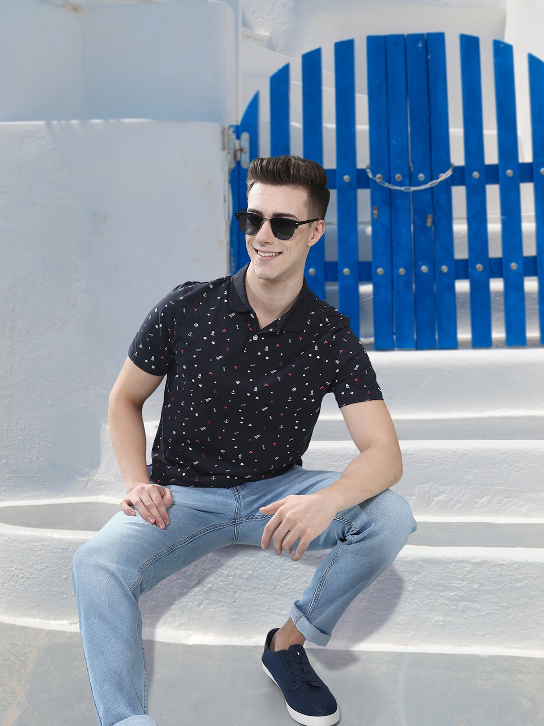 

Mast & Harbour Nautical Printed Polo Collar T-shirt, Navy blue