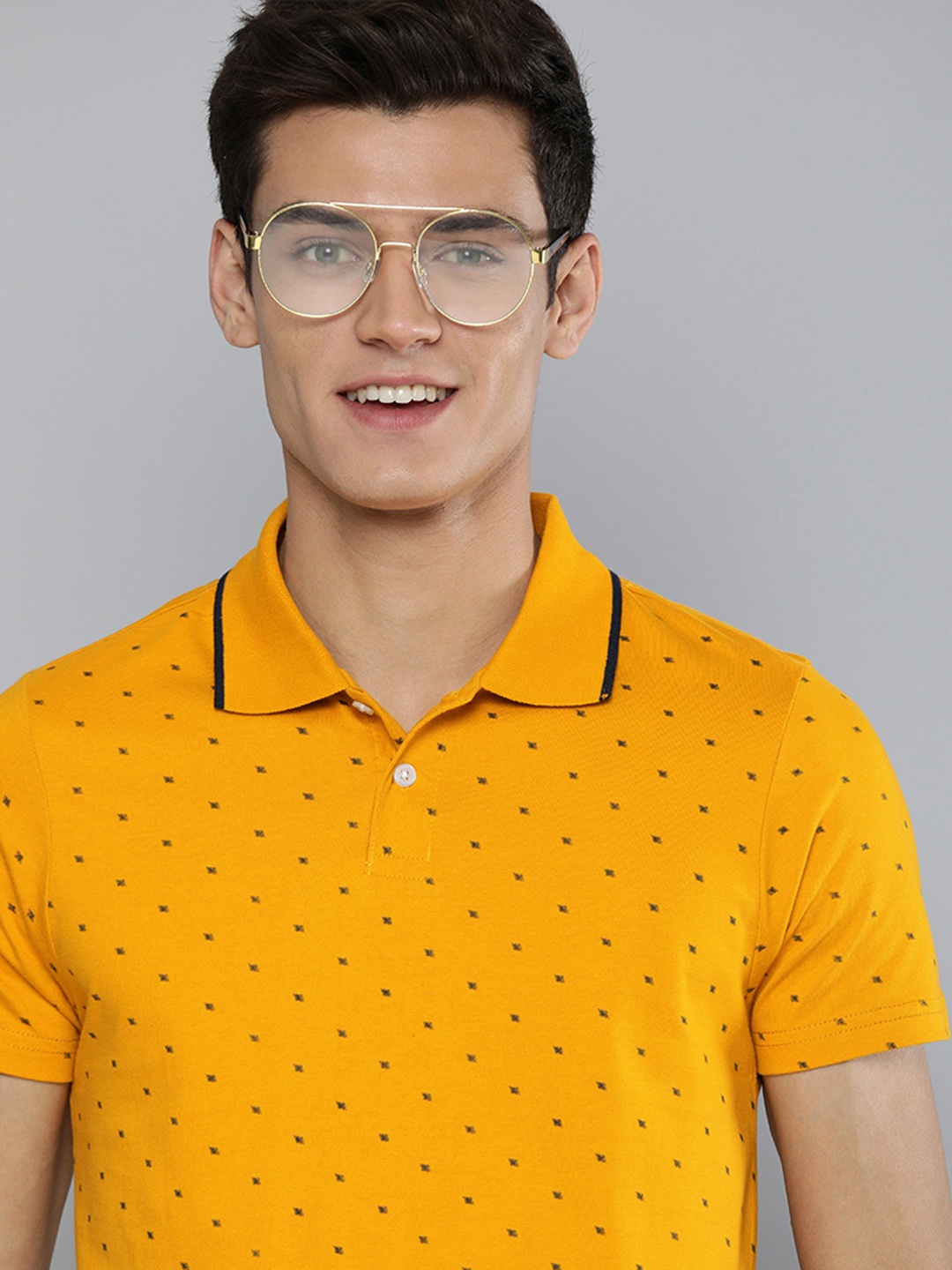 

Mast & Harbour Men Mustard Yellow Geometric Printed Polo Collar T-shirt