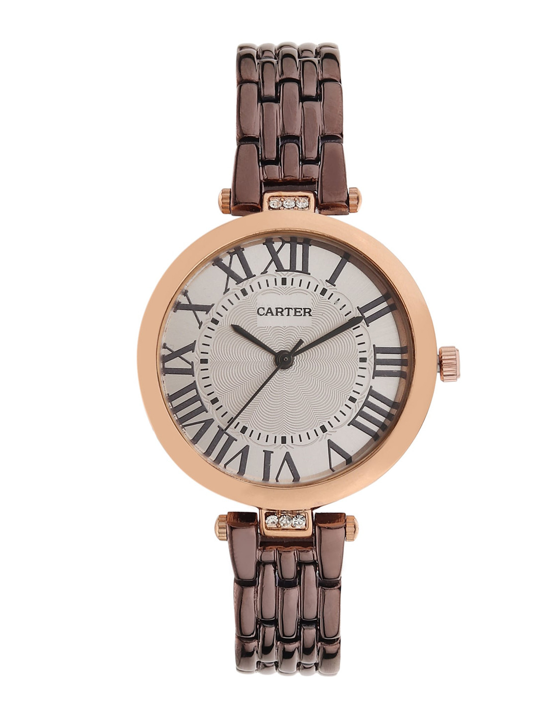 

Sandy D Carter Women White Embellished Dial & Gunmetal Toned Stainless Steel Bracelet Style Straps Analogue Watch
