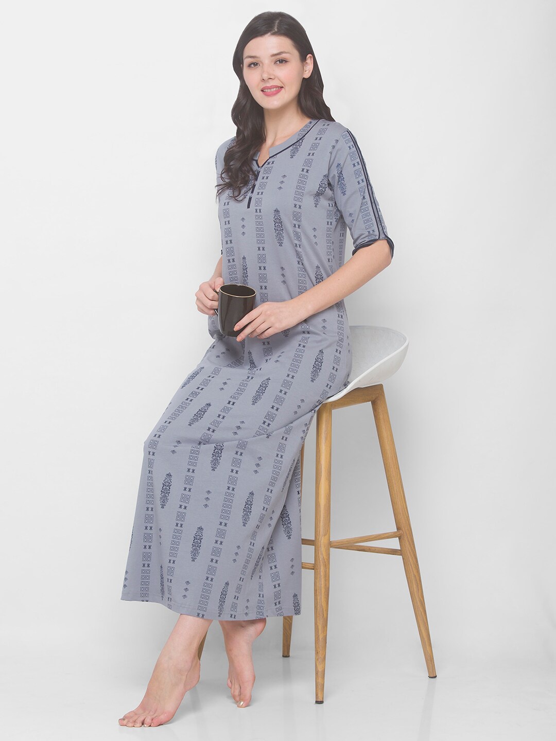 

AV2 Grey Printed Pure Cotton Maxi Nightdress