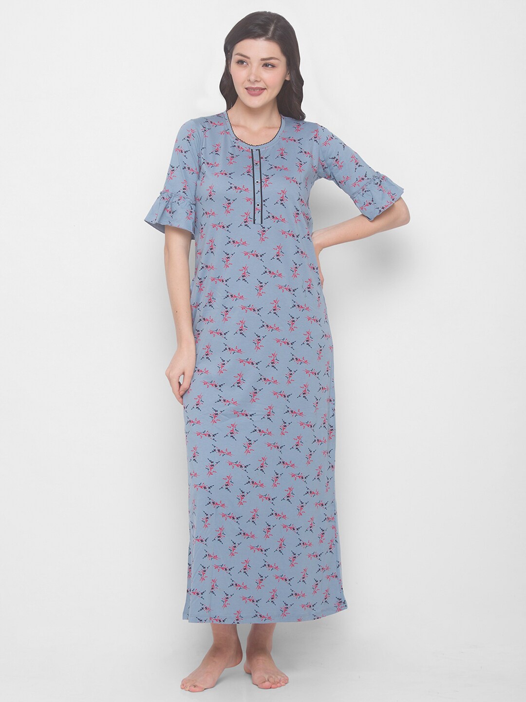 

AV2 Grey Printed Pure Cotton Maxi Nightdress