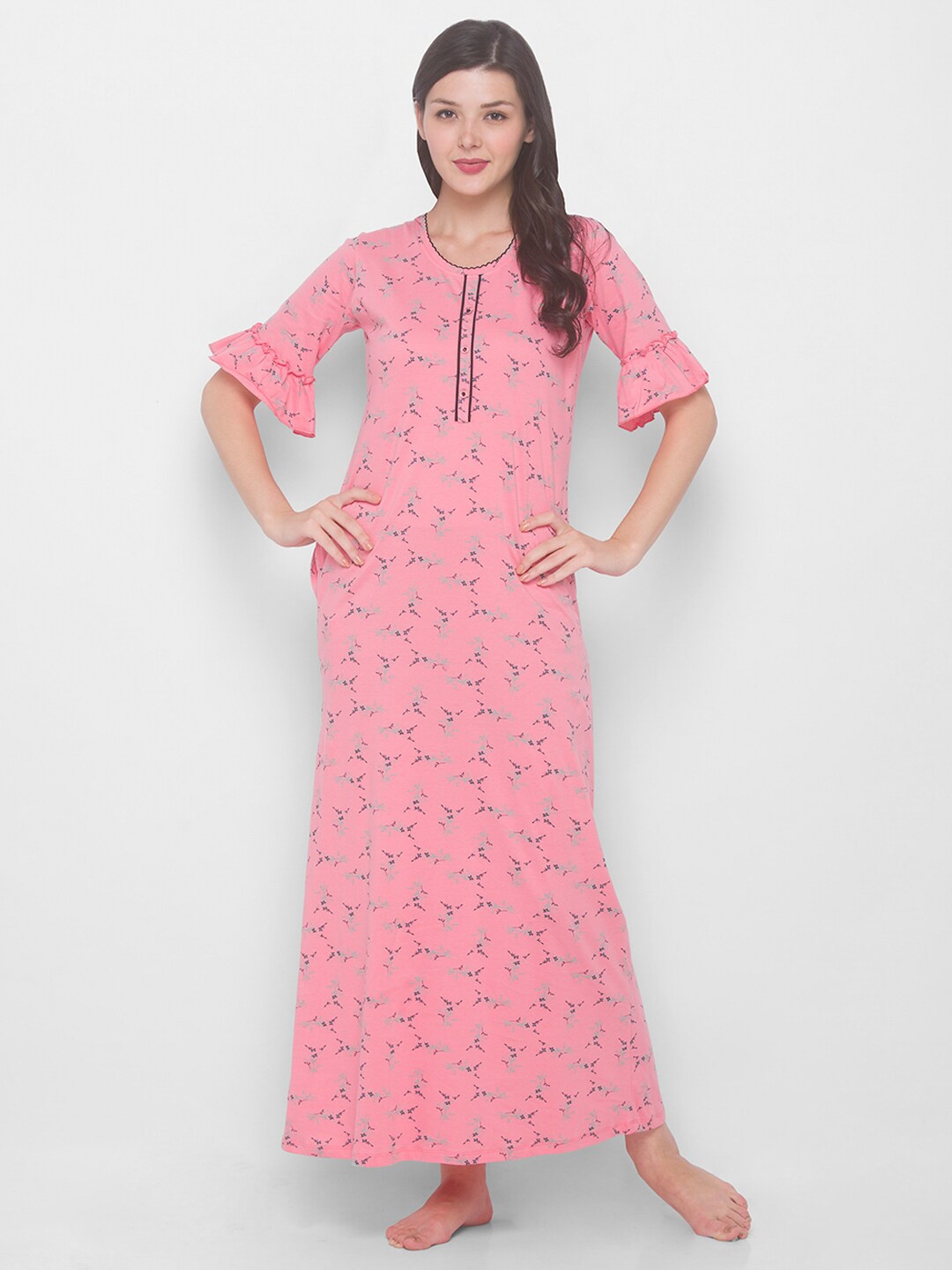 

AV2 Women Peach-Coloured Floral Printed Maxi Nightdress