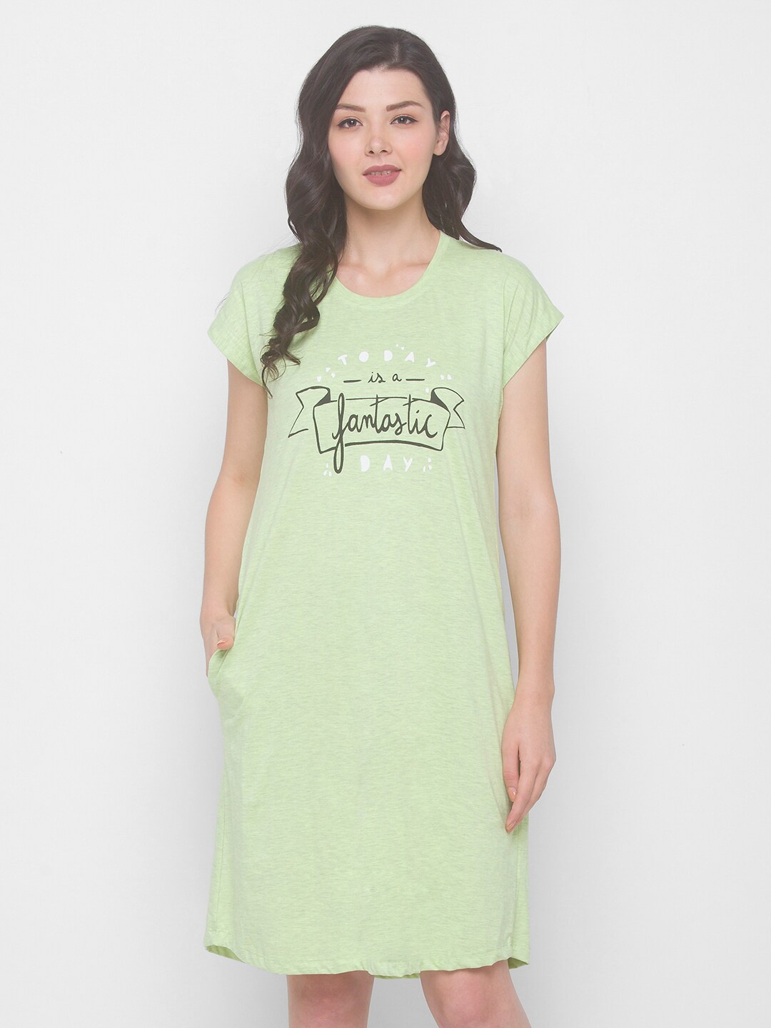 

AV2 Green Typography Printed Pure Cotton T-shirt Nightdress