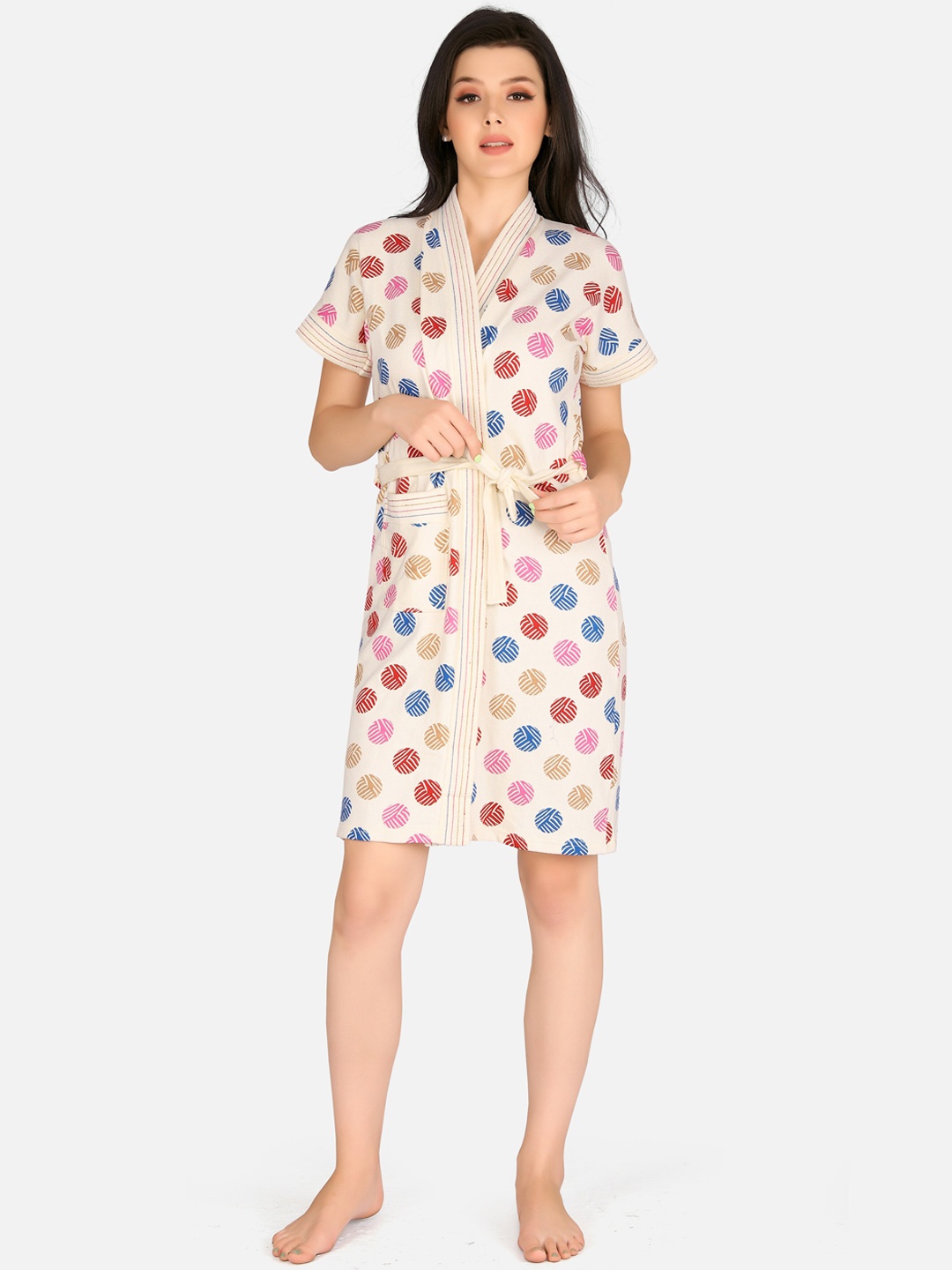 

Sand Dune Women Yellow & Beige Printed Pure Terry Cotton Bath Robe