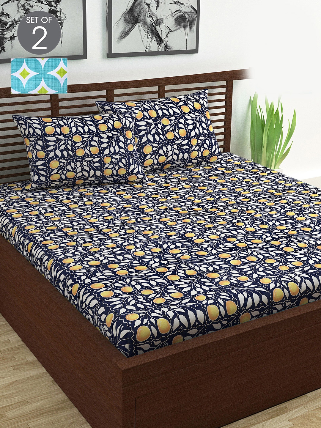 

Divine Casa Turquoise Blue & Navy Blue Geometric 144 TC 2 Queen Bedsheet with 4 Pillow Covers