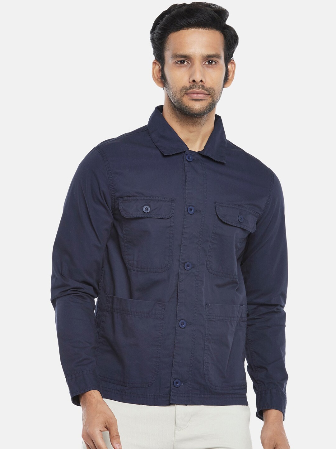 

BYFORD by Pantaloons Men Navy Blue Pure Cotton Bomber Jacket