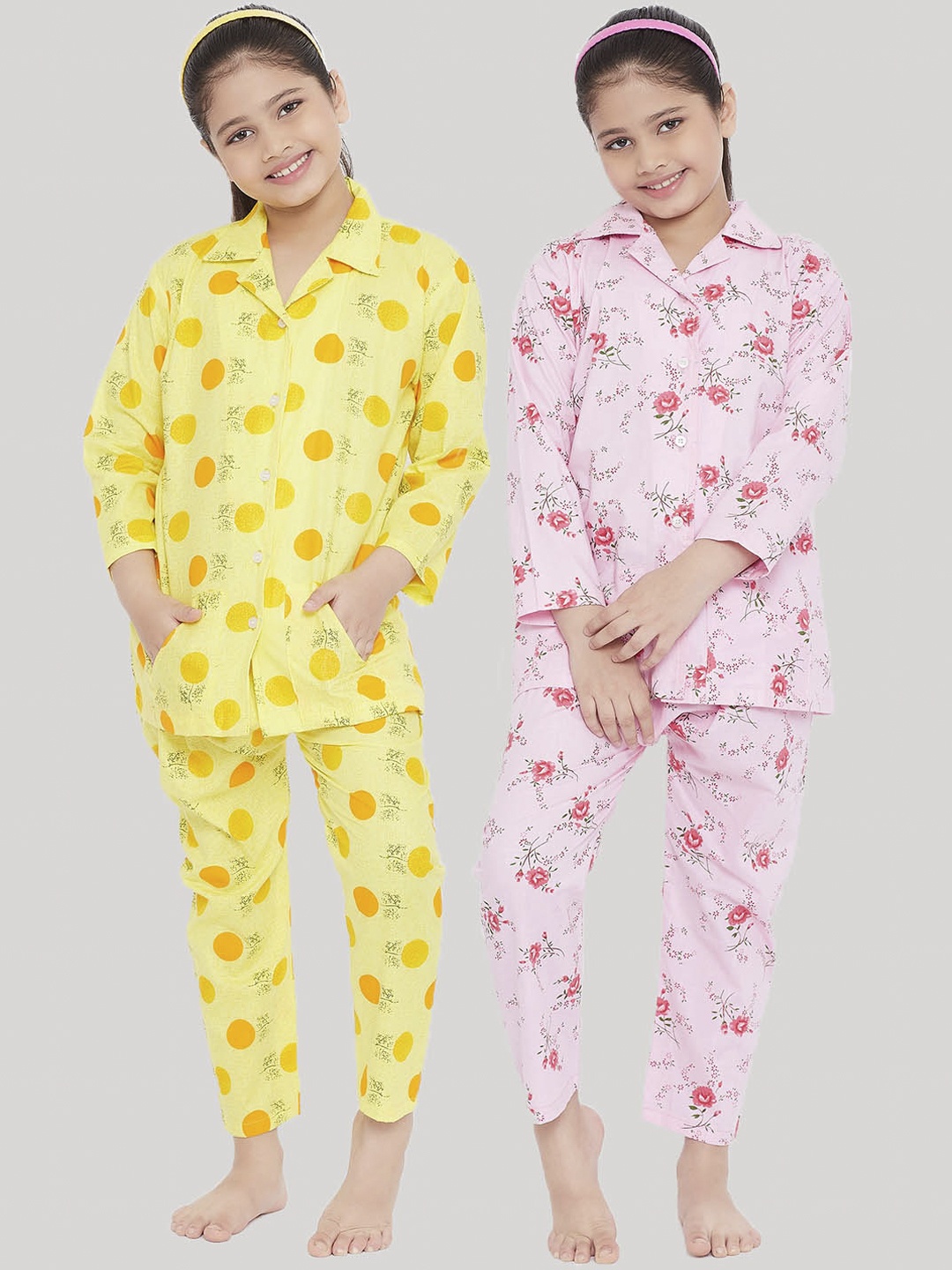 

KYDZI Girls Pack of 2 Yellow & Pink Printed Night suit