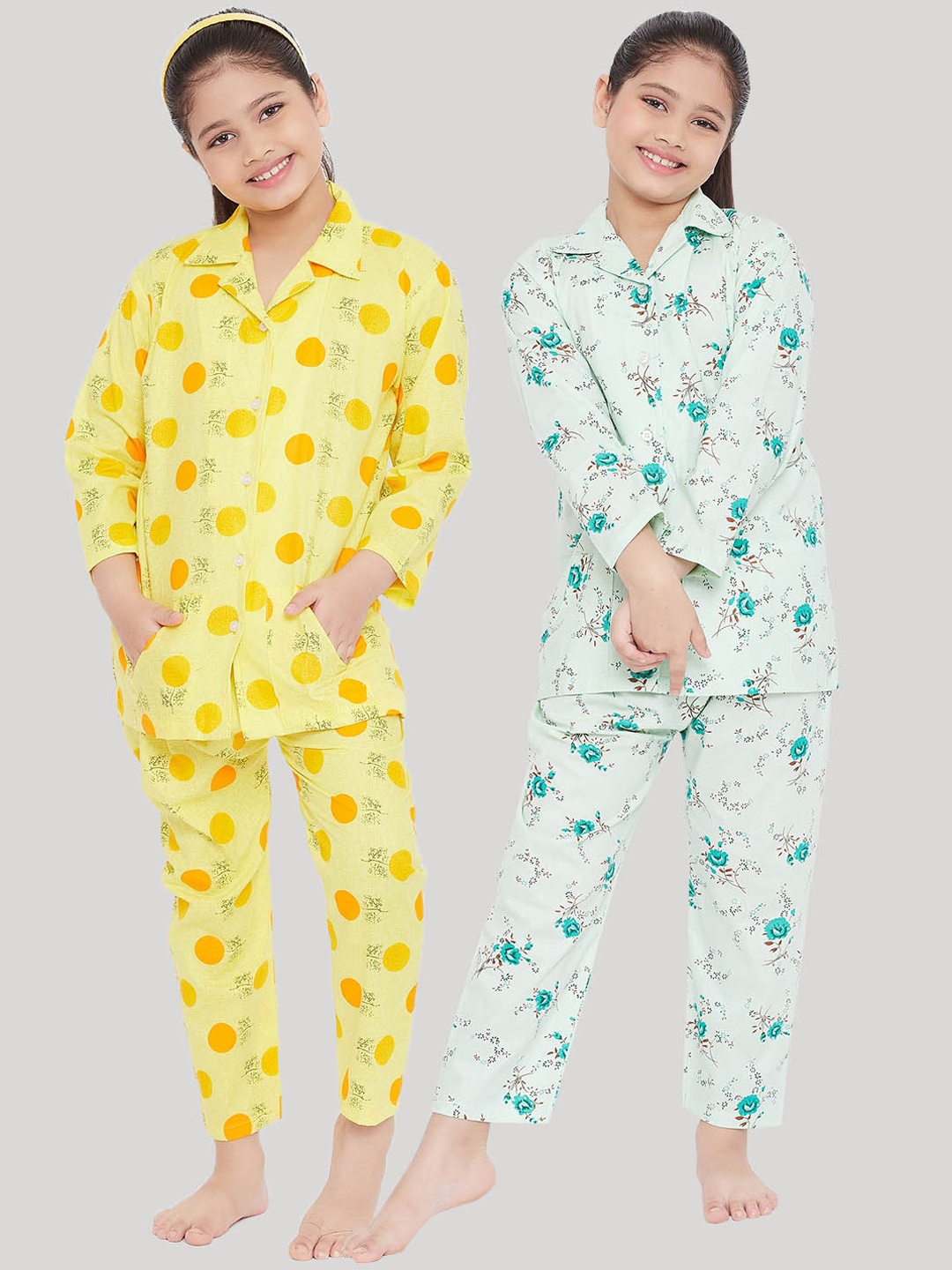 

KYDZI Girls Pack of 2 Yellow & Green Printed Night suit