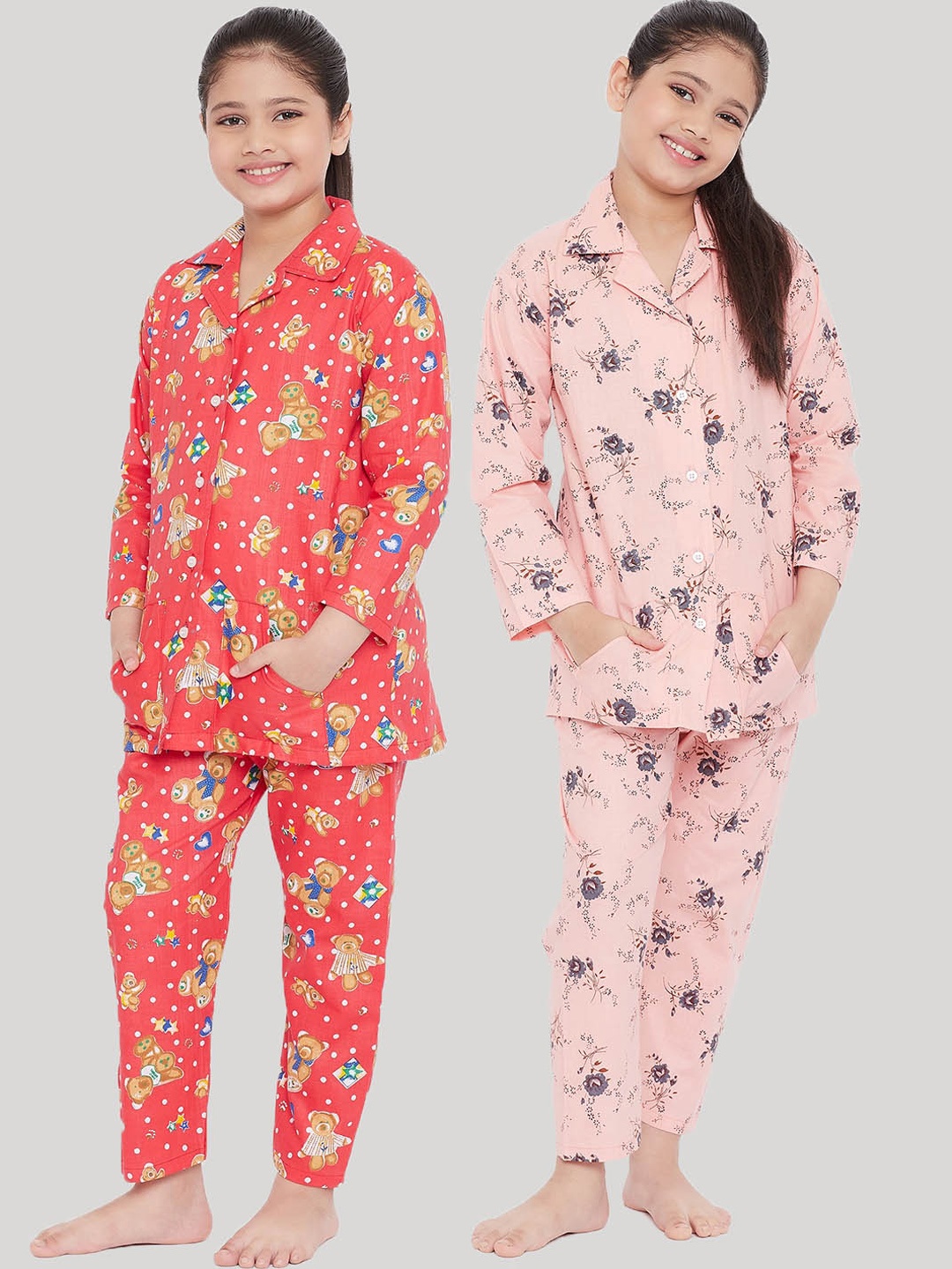 

KYDZI Girls Pack Of 2 Red & Pink Printed Night suit
