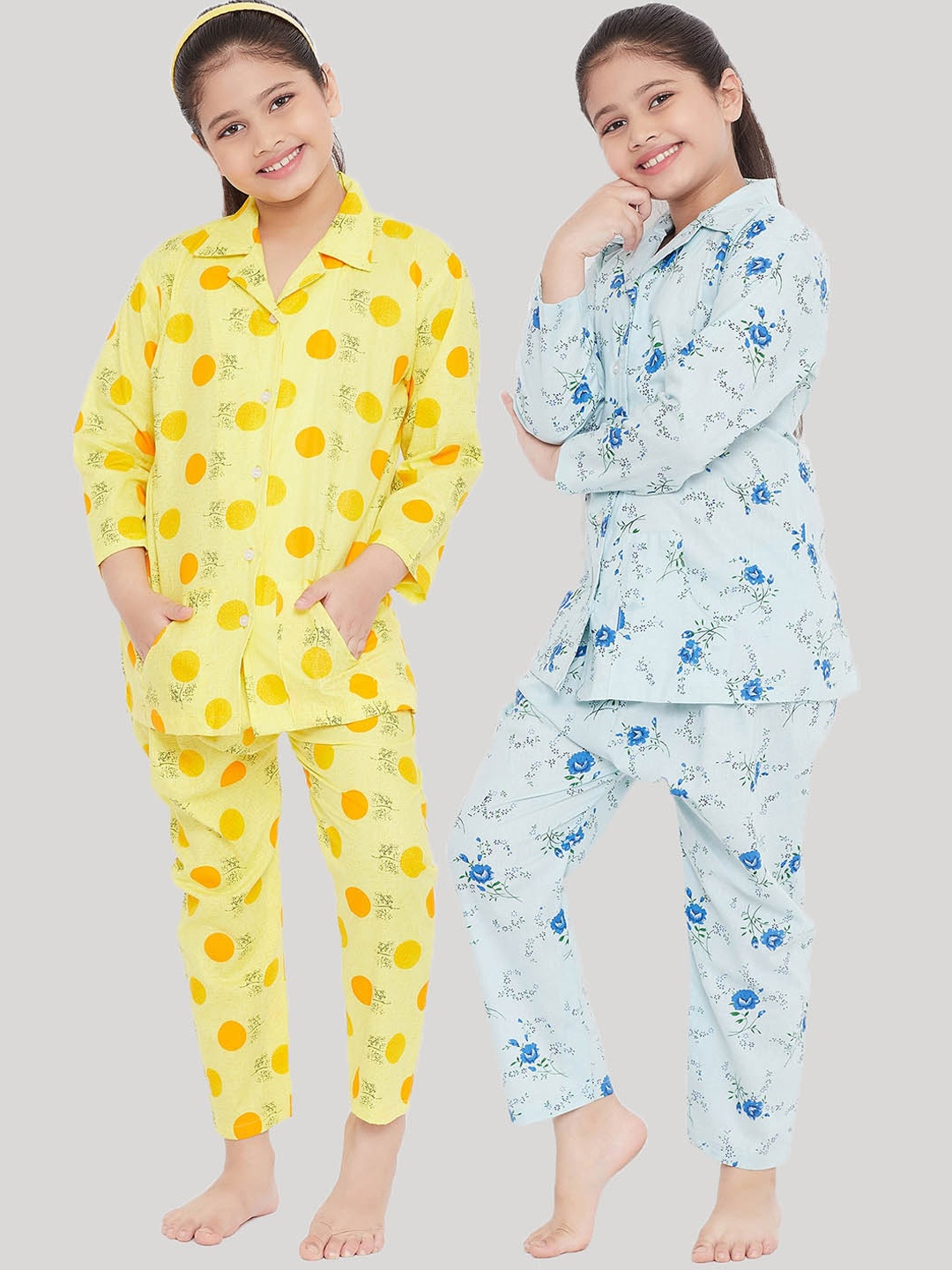 

KYDZI Girls Pack Of 2 Yellow & Blue Printed Night suit