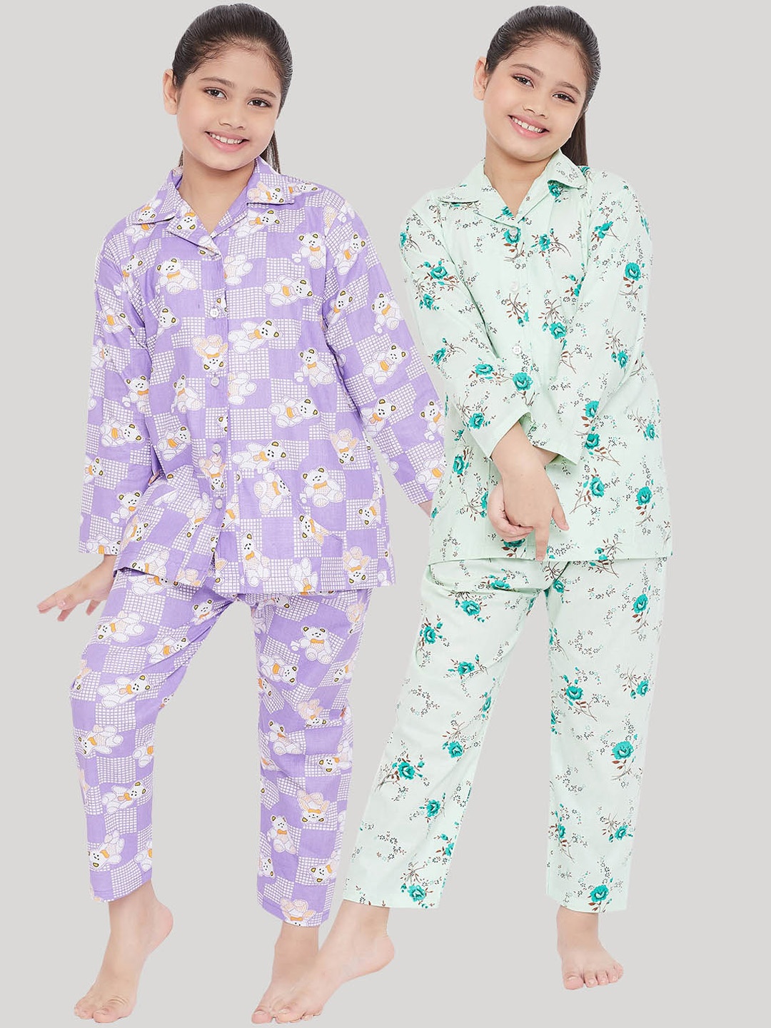 

KYDZI Girls Pack of 2 Green & Lavender Printed Night suit