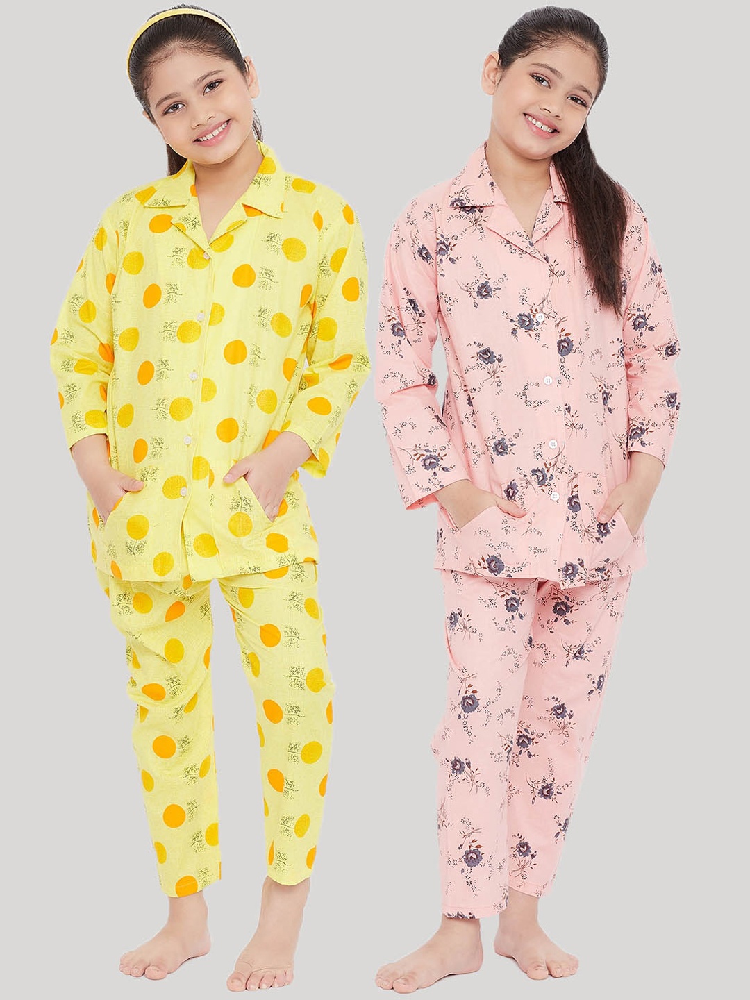 

KYDZI Girls Pack of 2 Yellow & Pink Printed Night suit