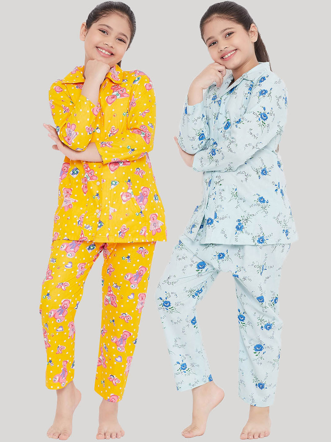 

KYDZI Girls Pack of 2 Blue & Mustard Printed Night suit