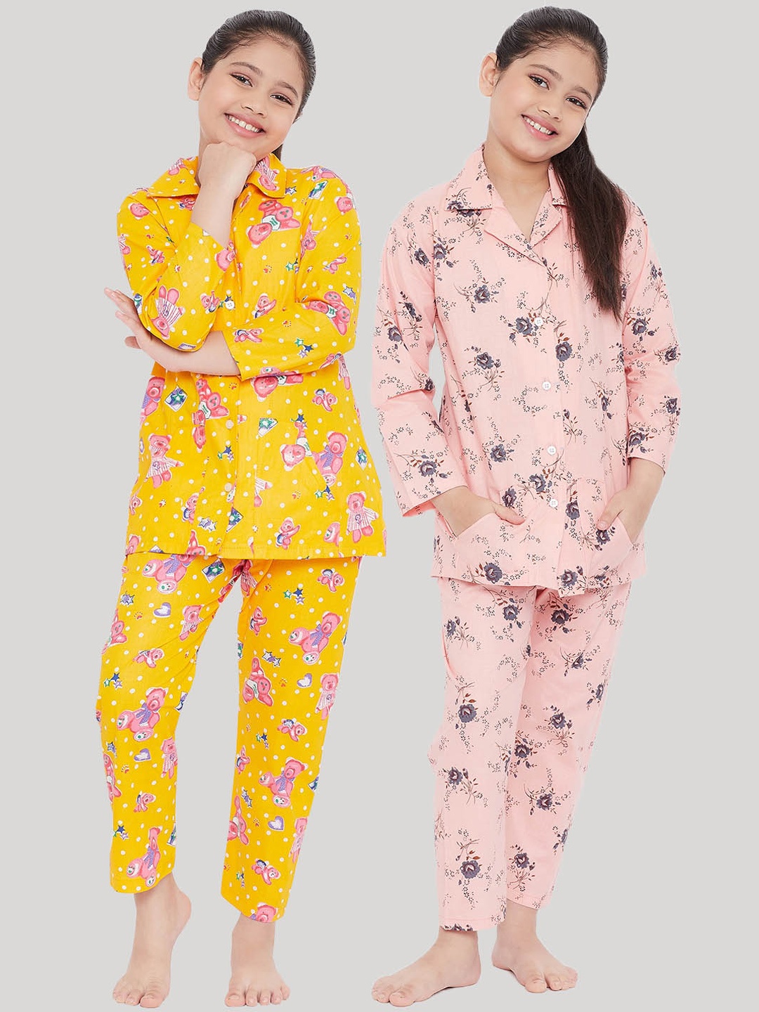 

KYDZI Girls Pack Of 2 Mustard & Peach-Coloured Printed Night suit