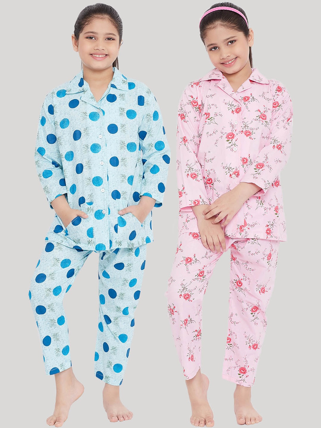 

KYDZI Girls Pack Of 2 Blue & Pink Printed Night suit