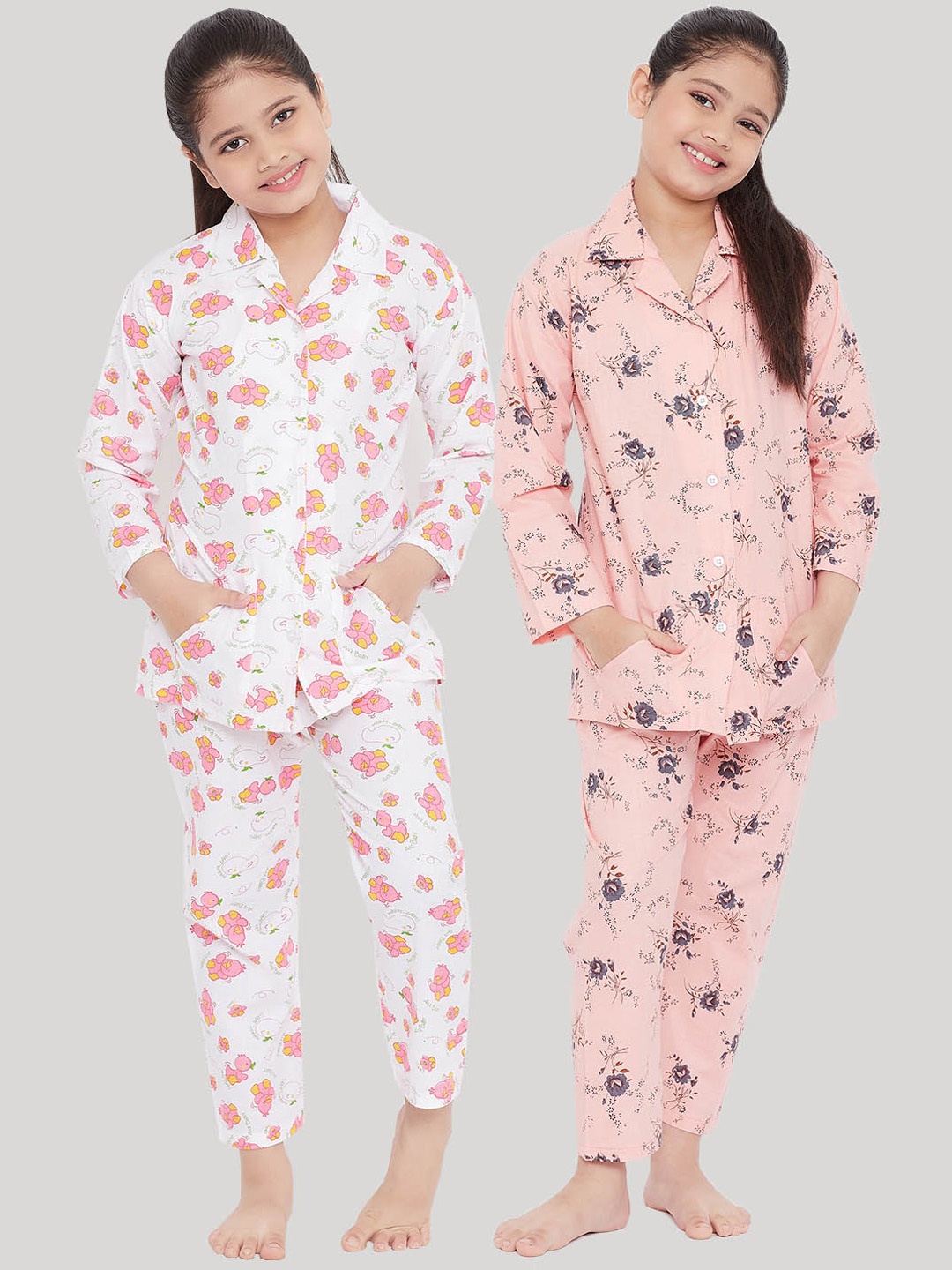 

KYDZI Girls Pack Of 2 White & Peach-Coloured Printed Night suit